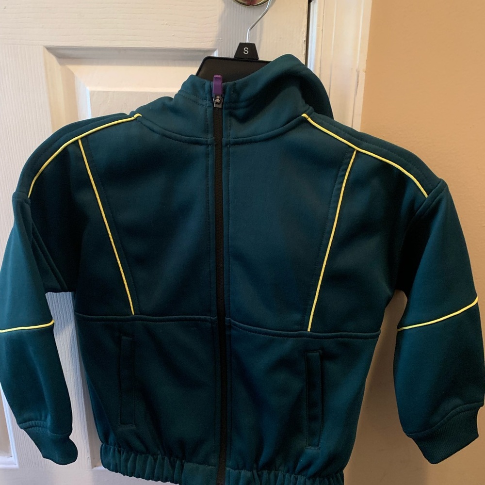 Boys hoodie, green/ yellow, nylon/ polyester outside, light fleece inside